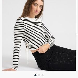 Pink Rose Black and White Striped Textured Crewneck Sweater  - Size XL